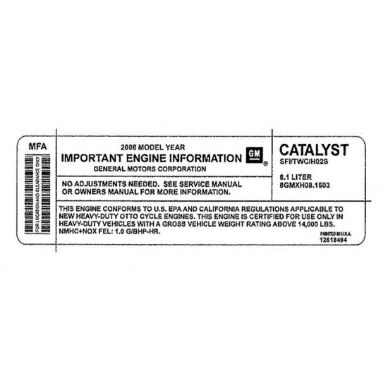 12618494  -  Label - Vehicle Emission Control Information